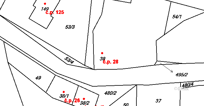 Třebešice 28 na parcele st. 39 v KÚ Třebešice, Katastrální mapa