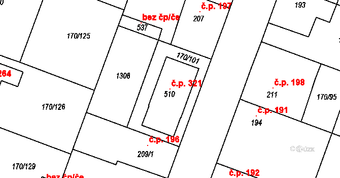 Hořátev 321 na parcele st. 510 v KÚ Hořátev, Katastrální mapa