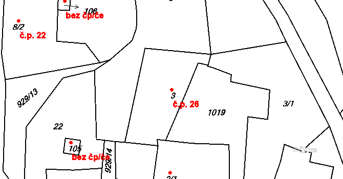 Teplička 26 na parcele st. 3 v KÚ Teplička, Katastrální mapa