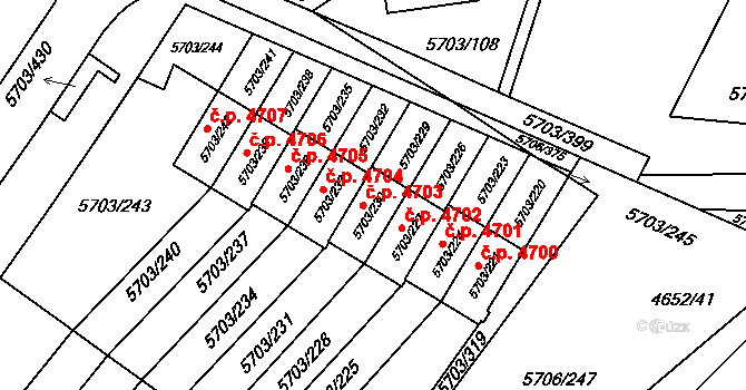 Jihlava 4703 na parcele st. 5703/230 v KÚ Jihlava, Katastrální mapa