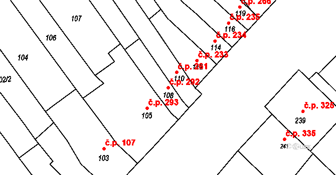 Šaratice 292 na parcele st. 108 v KÚ Šaratice, Katastrální mapa