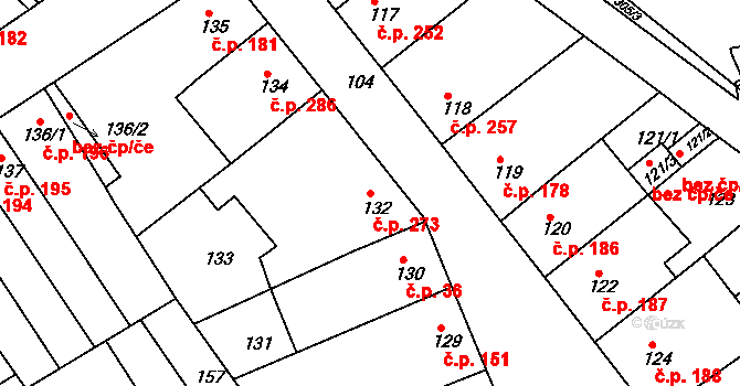 Rousínov 273 na parcele st. 132 v KÚ Rousínov u Vyškova, Katastrální mapa