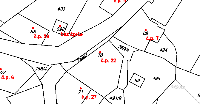 Roudný 22, Karlovice na parcele st. 70 v KÚ Karlovice, Katastrální mapa