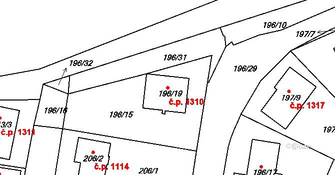 Mnichovo Hradiště 1310 na parcele st. 196/19 v KÚ Mnichovo Hradiště, Katastrální mapa