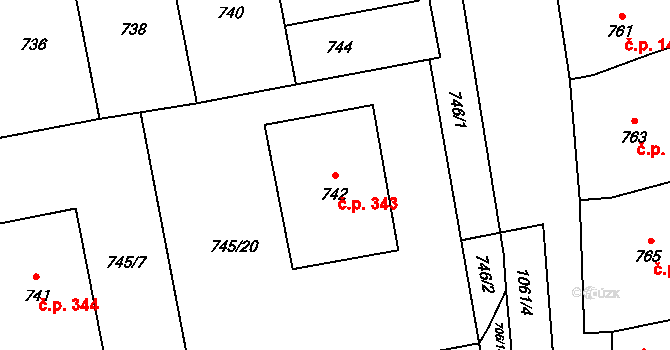 Grygov 343 na parcele st. 742 v KÚ Grygov, Katastrální mapa