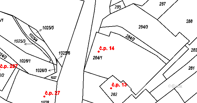 Mimoň IV 14, Mimoň na parcele st. 284/1 v KÚ Mimoň, Katastrální mapa
