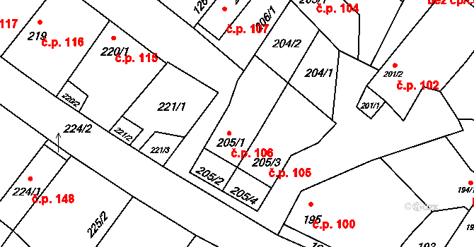 Myslibořice 106 na parcele st. 205/1 v KÚ Myslibořice, Katastrální mapa
