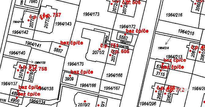 Borovina 751, Třebíč na parcele st. 2071/2 v KÚ Třebíč, Katastrální mapa
