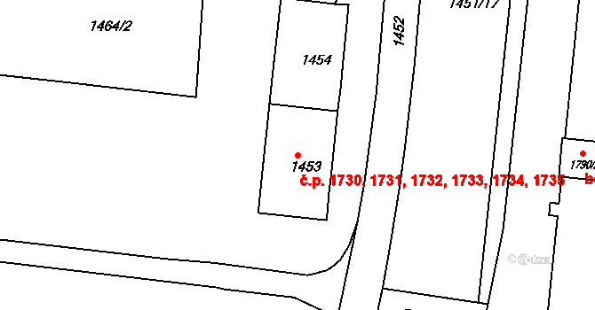 Černá Pole 1730,1731,1732,1733,, Brno na parcele st. 1453 v KÚ Černá Pole, Katastrální mapa