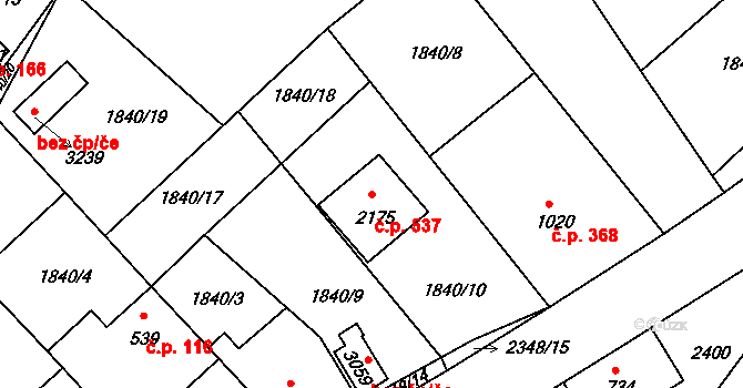 Malá Strana 537, Týn nad Vltavou na parcele st. 2175 v KÚ Týn nad Vltavou, Katastrální mapa