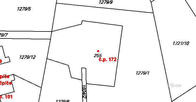 Huntířov 172, Vítězná na parcele st. 255 v KÚ Huntířov, Katastrální mapa