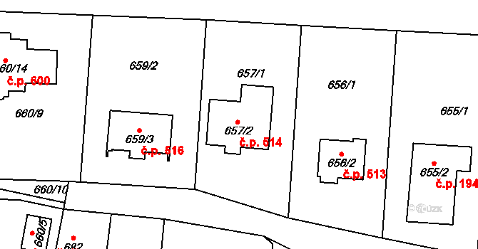 Dubeč 514, Praha na parcele st. 657/2 v KÚ Dubeč, Katastrální mapa