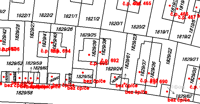 Podolí 692, Praha na parcele st. 1829/38 v KÚ Podolí, Katastrální mapa