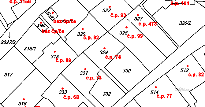 Suchdol 74, Praha na parcele st. 329 v KÚ Suchdol, Katastrální mapa