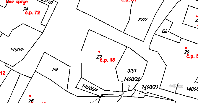 Hudčice 15 na parcele st. 27 v KÚ Hudčice, Katastrální mapa