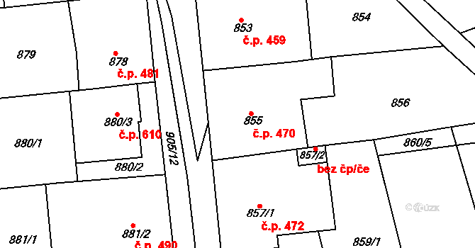 Blučina 470 na parcele st. 855 v KÚ Blučina, Katastrální mapa