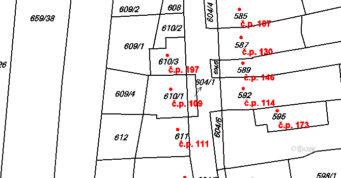 Horákov 109, Mokrá-Horákov na parcele st. 610/1 v KÚ Horákov, Katastrální mapa