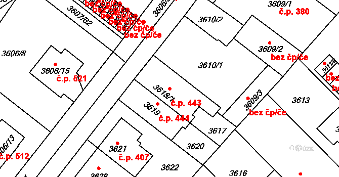 Božkov 443, Plzeň na parcele st. 3618/1 v KÚ Plzeň, Katastrální mapa