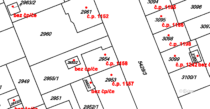 Východní Předměstí 1158, Plzeň na parcele st. 2954 v KÚ Plzeň, Katastrální mapa