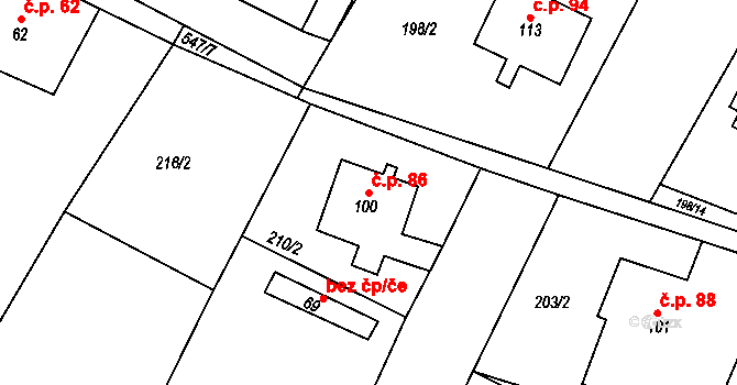 Lžovice 86, Týnec nad Labem na parcele st. 100 v KÚ Lžovice, Katastrální mapa