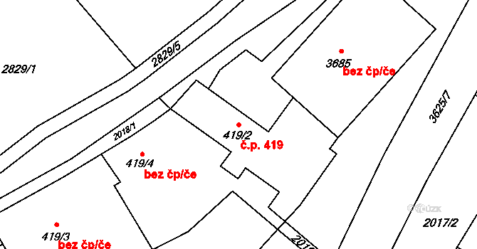 Rožnov pod Radhoštěm 419 na parcele st. 419/2 v KÚ Rožnov pod Radhoštěm, Katastrální mapa