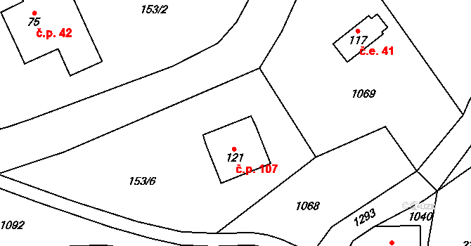 Radimovice 107 na parcele st. 121 v KÚ Radimovice u Sychrova, Katastrální mapa