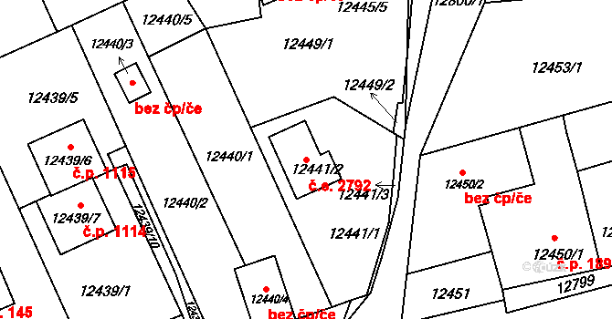 Severní Předměstí 2792, Plzeň na parcele st. 12441/2 v KÚ Plzeň, Katastrální mapa