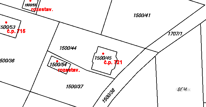 Hradištko 721 na parcele st. 1500/45 v KÚ Hradištko u Sadské, Katastrální mapa