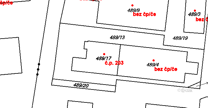 Hudcov 203, Teplice na parcele st. 489/17 v KÚ Hudcov, Katastrální mapa