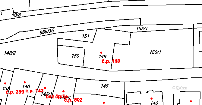 Štípa 118, Zlín na parcele st. 149/1 v KÚ Štípa, Katastrální mapa