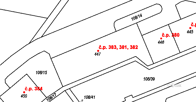 Meziboří 381,382,383 na parcele st. 447 v KÚ Meziboří u Litvínova, Katastrální mapa