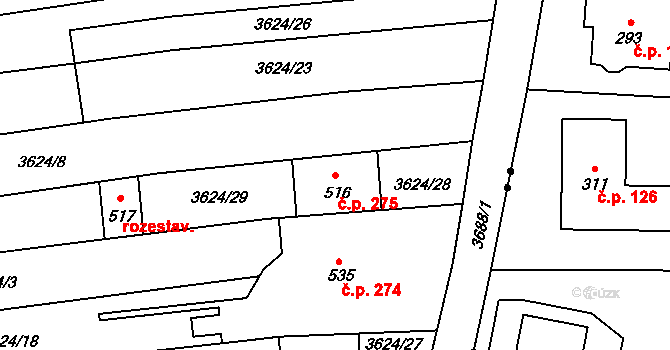 Hradčovice 275 na parcele st. 516 v KÚ Hradčovice, Katastrální mapa