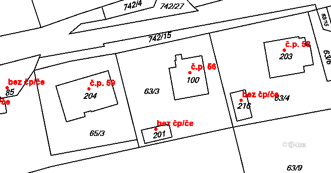 Kovářov 56, Bojanov na parcele st. 100 v KÚ Kovářov u Seče, Katastrální mapa