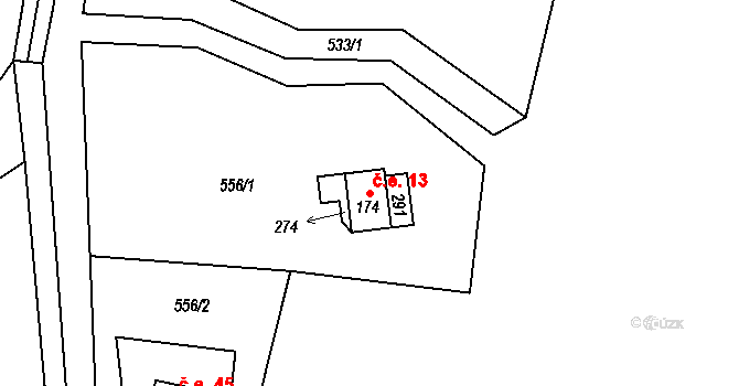 Jeníkov 13 na parcele st. 174 v KÚ Jeníkov u Hlinska, Katastrální mapa