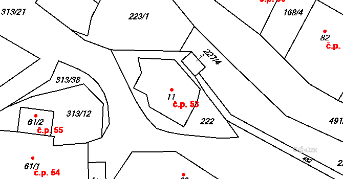 Jestřebí 53 na parcele st. 11 v KÚ Jestřebí u Zábřeha, Katastrální mapa