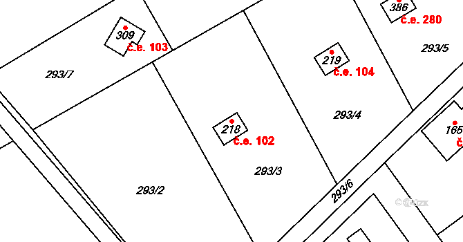 Hvozdnice 102 na parcele st. 218 v KÚ Hvozdnice, Katastrální mapa