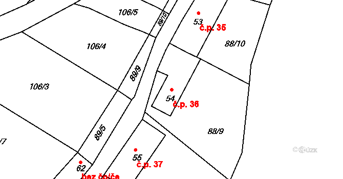 Kozojedy 36 na parcele st. 54 v KÚ Kozojedy, Katastrální mapa