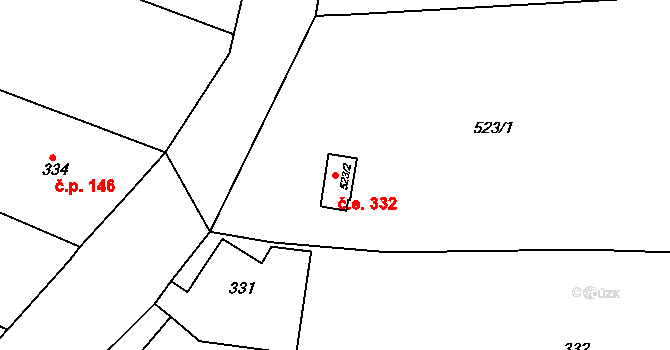 Jehnice 332, Brno na parcele st. 523/2 v KÚ Jehnice, Katastrální mapa