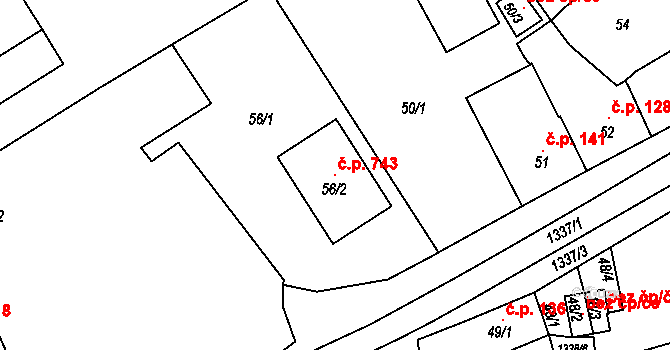 Božkov 743, Plzeň na parcele st. 56/2 v KÚ Božkov, Katastrální mapa