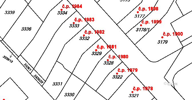 Znojmo 1981 na parcele st. 3329 v KÚ Znojmo-město, Katastrální mapa