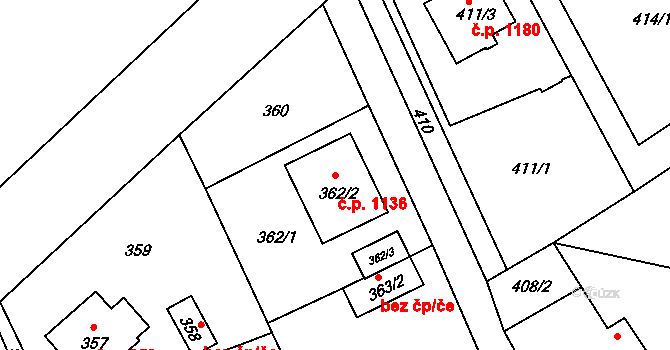 Bystřice 1136 na parcele st. 362/2 v KÚ Bystřice nad Olší, Katastrální mapa