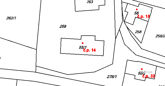 Útěchovice 14, Hamr na Jezeře na parcele st. 55/1 v KÚ Hamr na Jezeře, Katastrální mapa