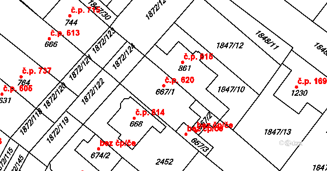 Tišnov 620 na parcele st. 667/1 v KÚ Tišnov, Katastrální mapa