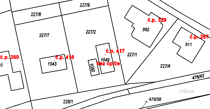 Husinec 417 na parcele st. 1049 v KÚ Husinec u Řeže, Katastrální mapa
