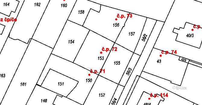 Boršov nad Vltavou 72 na parcele st. 153 v KÚ Boršov nad Vltavou, Katastrální mapa