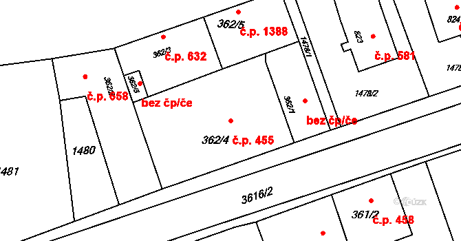 Rožnov pod Radhoštěm 455 na parcele st. 362/4 v KÚ Rožnov pod Radhoštěm, Katastrální mapa