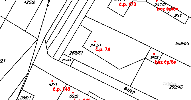 Loučeň 74 na parcele st. 247/1 v KÚ Loučeň, Katastrální mapa