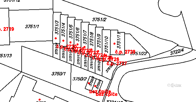 Smíchov 2726, Praha na parcele st. 3751/9 v KÚ Smíchov, Katastrální mapa