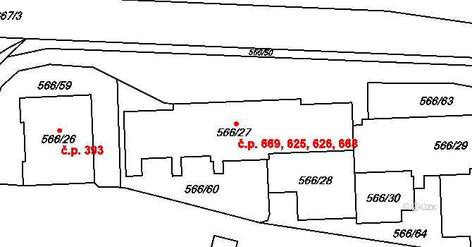 Hloubětín 625,626,668,669, Praha na parcele st. 566/27 v KÚ Hloubětín, Katastrální mapa