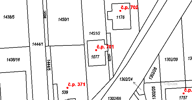 Rožmitál pod Třemšínem 701 na parcele st. 1077 v KÚ Rožmitál pod Třemšínem, Katastrální mapa